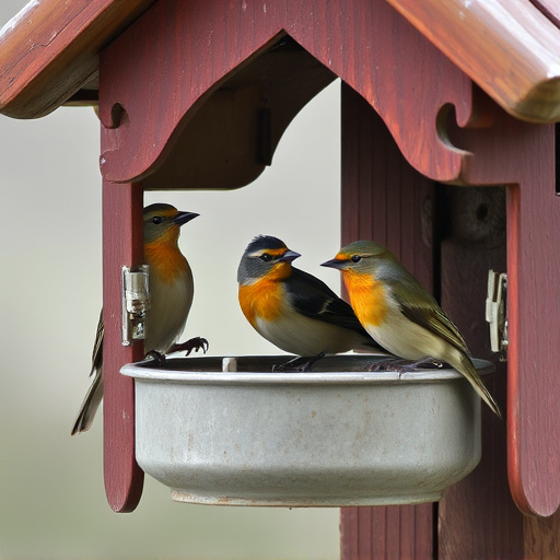 Birds sheltering under weatherproof feeder