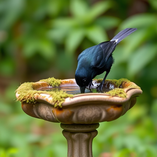 Blackbird drinking from moss-covered pedestal bath