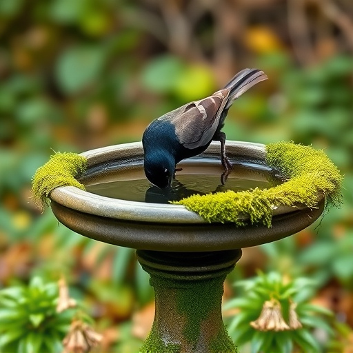 Blackbird drinking from moss-covered pedestal bath