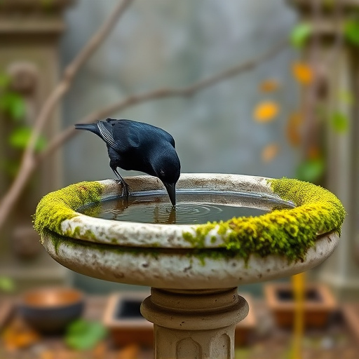 Blackbird drinking from moss-covered pedestal bath