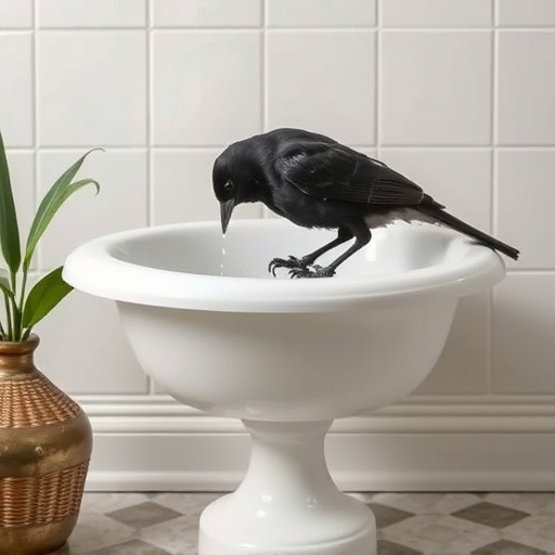 Blackbird drinking from vintage pedestal bath