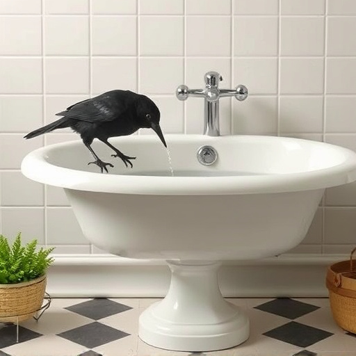 Blackbird drinking from vintage pedestal bath