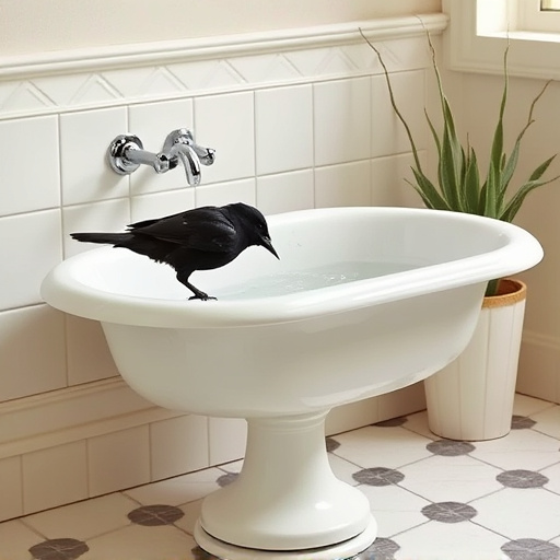 Blackbird drinking from vintage pedestal bath