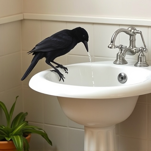 Blackbird drinking from vintage pedestal bath