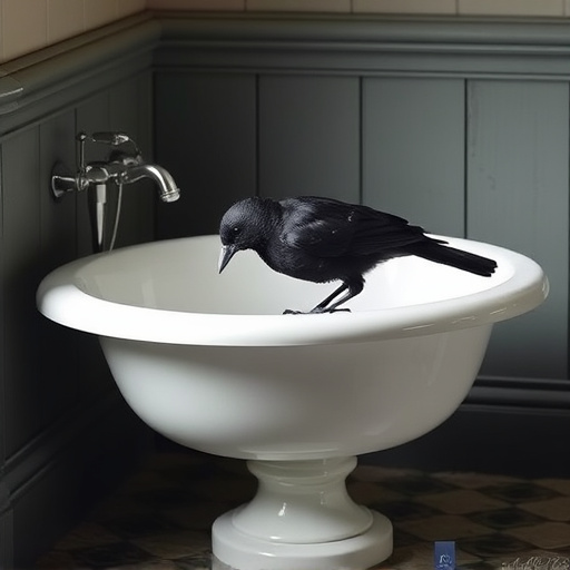 Blackbird drinking from vintage pedestal bath