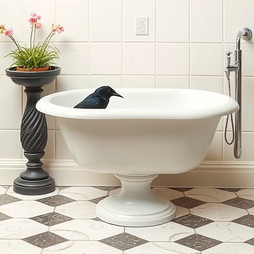 Blackbird drinking from vintage pedestal bath