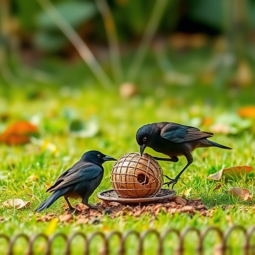Blackbird feeding near ground fat ball cage