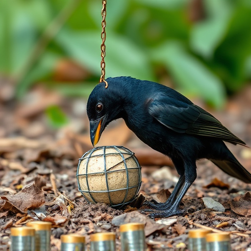 Blackbird feeding near ground fat ball cage