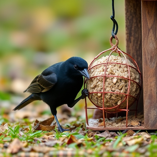 Blackbird feeding near ground fat ball cage