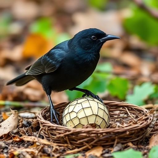 Blackbird feeding near ground fat ball cage