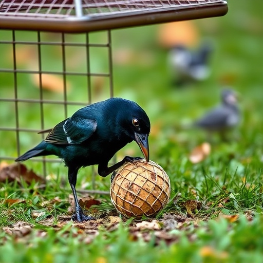 Blackbird feeding near ground fat ball cage