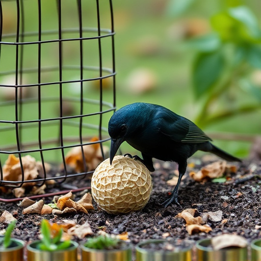 Blackbird feeding near ground fat ball cage