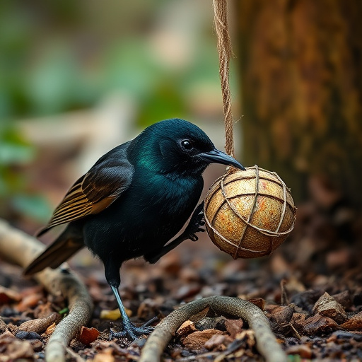 Blackbird feeding near ground fat ball cage