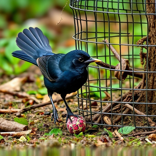 Blackbird feeding near ground fat ball cage