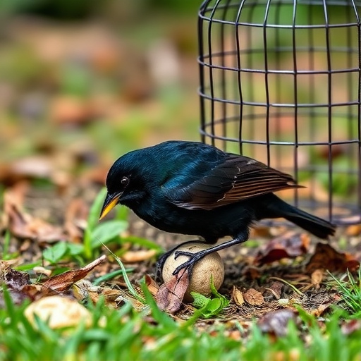 Blackbird feeding near ground fat ball cage
