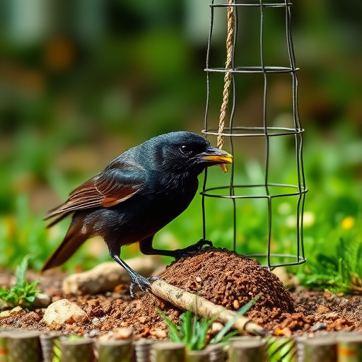 Blackbird feeding near ground fat ball cage