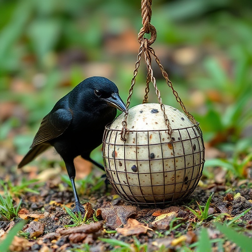 Blackbird feeding near ground fat ball cage