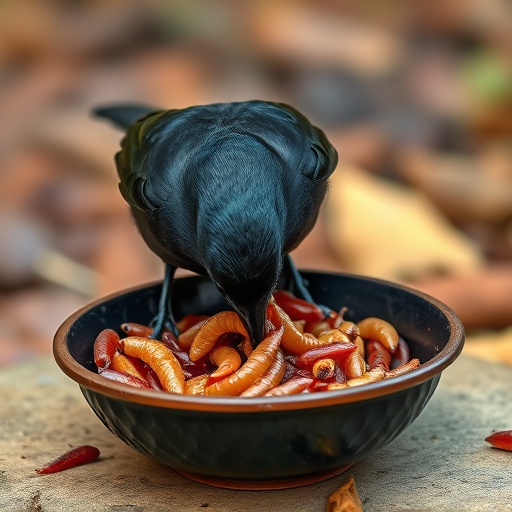 Blackbird feeding on mealworms in dish