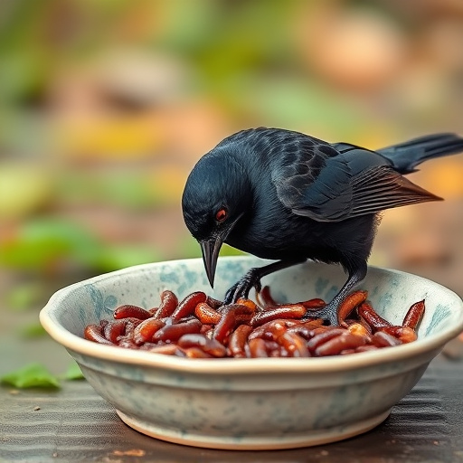 Blackbird feeding on mealworms in dish