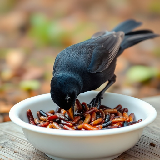 Blackbird feeding on mealworms in dish