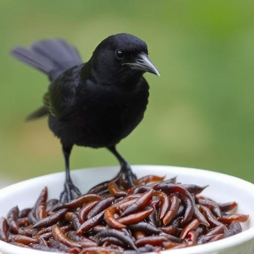 Blackbird feeding on mealworms in dish