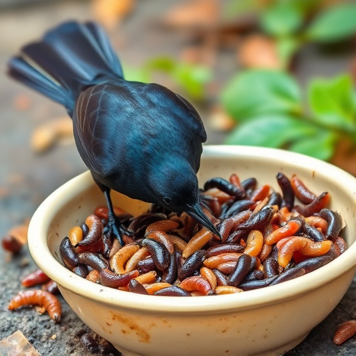 Blackbird feeding on mealworms in dish
