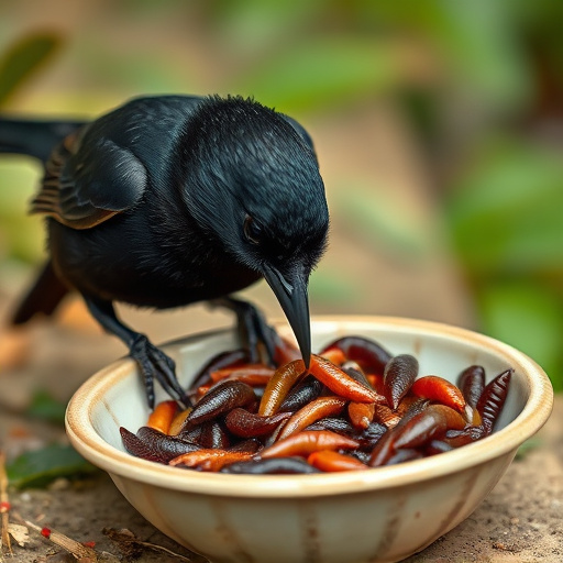 Blackbird feeding on mealworms in dish