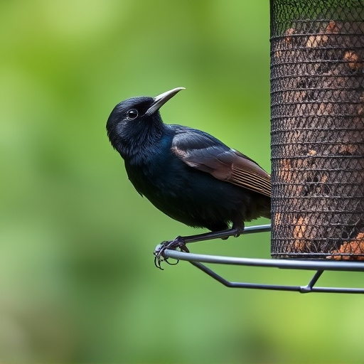 Blackbird pecking from mesh ground feeder