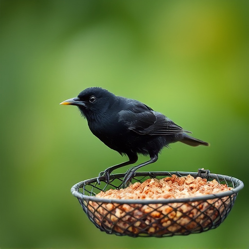 Blackbird pecking from mesh ground feeder