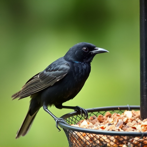 Blackbird pecking from mesh ground feeder