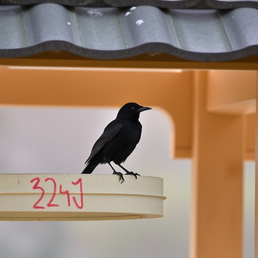 Blackbird perched under roofed platform