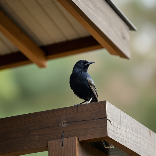 Blackbird perched under roofed platform