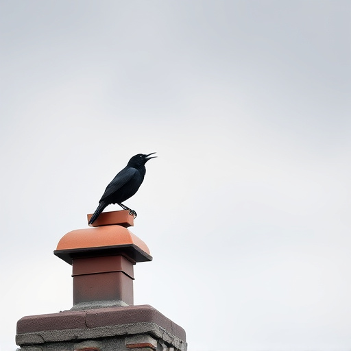 Blackbird singing from rooftop chimney