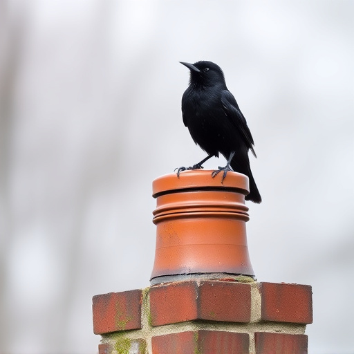 Blackbird singing from rooftop chimney