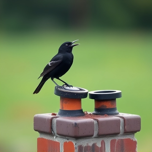 Blackbird singing from rooftop chimney