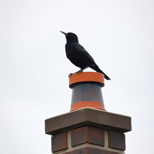 Blackbird singing from rooftop chimney