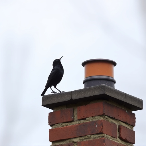 Blackbird singing from rooftop chimney