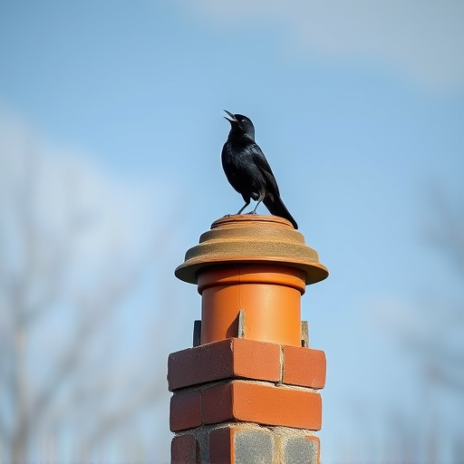 Blackbird singing from rooftop chimney