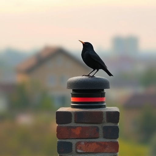 Blackbird singing from rooftop chimney