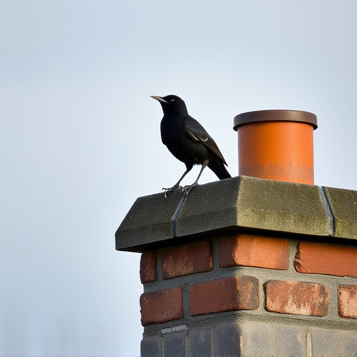 Blackbird singing from rooftop chimney