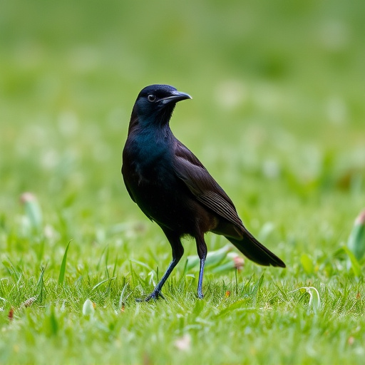 Blackbird standing on lush green lawn