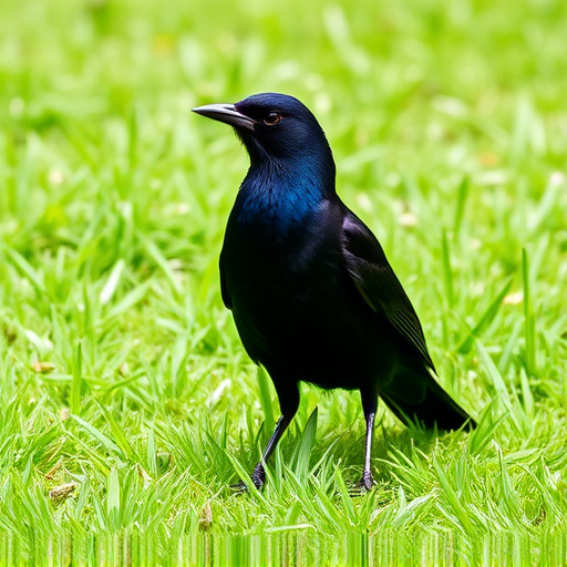 Blackbird standing on lush green lawn