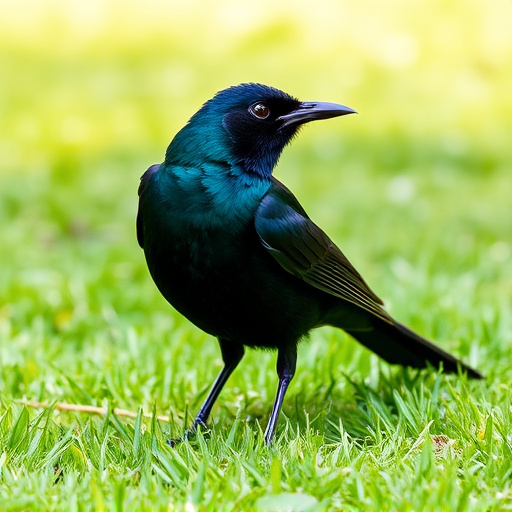 Blackbird standing on lush green lawn