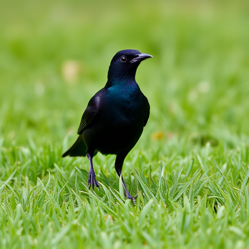 Blackbird standing on lush green lawn