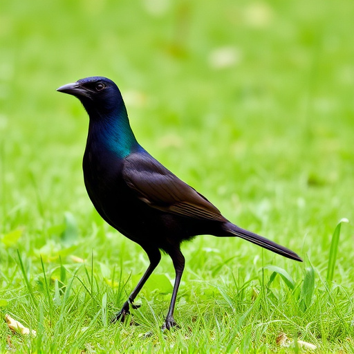 Blackbird standing on lush green lawn