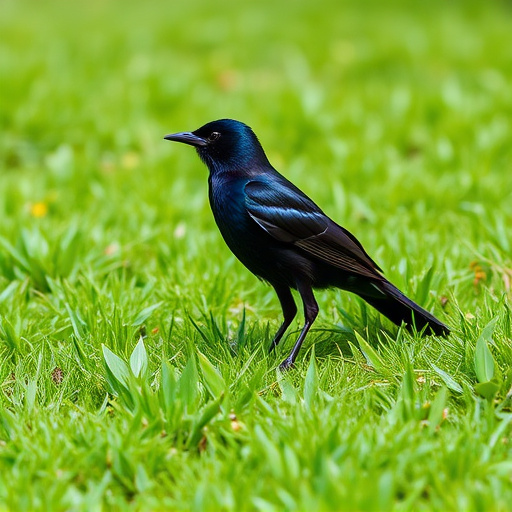Blackbird standing on lush green lawn