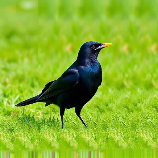 Blackbird standing on lush green lawn