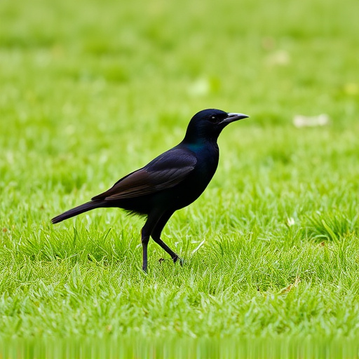 Blackbird standing on lush green lawn