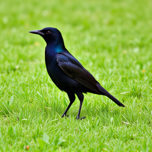Blackbird standing on lush green lawn