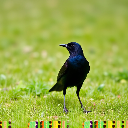Blackbird standing on lush green lawn
